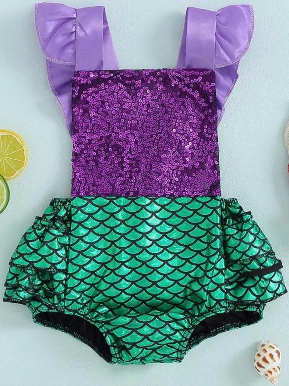 SHEIN Purple Sequin & Green Mermaid Scale One-Piece Swimsuit for Kids